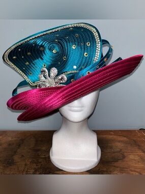 Susanna Women’s Hat Pink & Teal with Crystal and Brooch Accents Derby Church